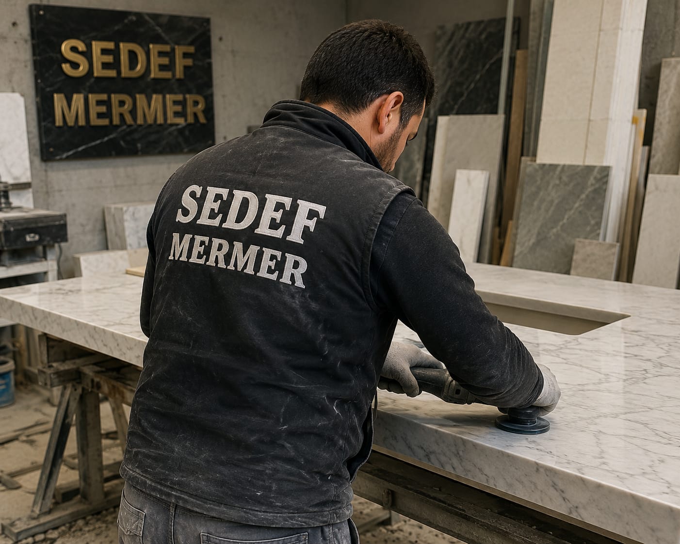 Ustamız mermer tezgahı cilalıyor